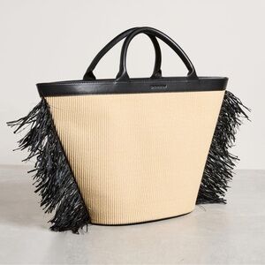 NWT Jonathan Samkhai Fringed Straw Tote Bag in Beige & Black